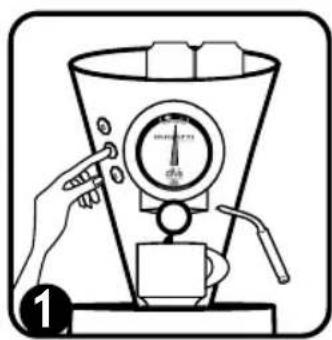 Diagram showing a hand using a coffee machine to press coffee beans, with a digital timer and coffee cup labeled '1'.