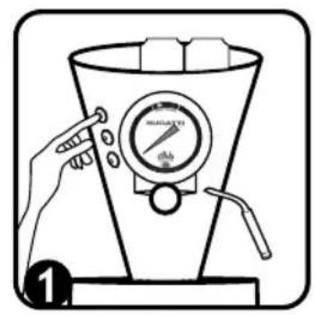 Diagram showing a hand pressing a funnel with a pressure gauge and a bag of contents, labeled with number 1.
