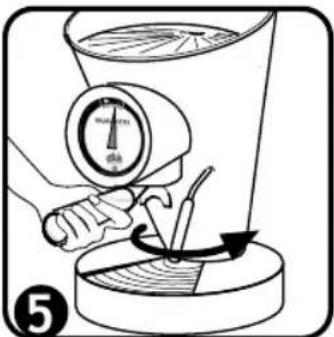 Diagram illustrating a hand using a pressure gauge to measure a tool, with labeled parts and directional arrows indicating motion.