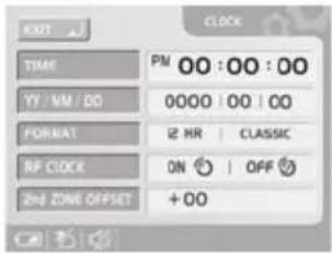 TIME PM 00:00:00 YY / MM / DO 0000 | 00 | 00 FORMAT 12 HR | CLASSIC RF CLOCK ON OFF 2nd ZONE OFFSET + 00