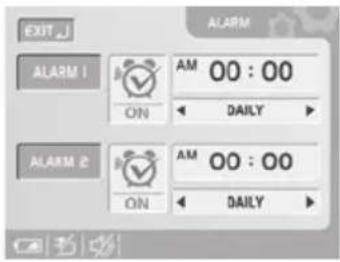EXIT ALARM ALARM 1 ON AM 00 : 00 DAILY ALARM 2 ON AM 00 : 00 DAILY