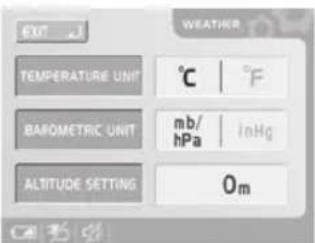 EXIT TEMPERATURE UNIT C | F BAROMETRIC UNIT mb/ hPa | InHg ALTITUDE SETTING 0m WEATHER