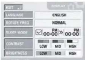 EXIT LANGUAGE ENGLISH ROTATE FREQ NORMAL SLEEP MODE PM 00:00 PM 00:00 CONTRAST LOW MID HIGH BRIGHTNESS LOW MID HIGH