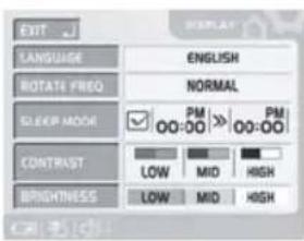 EXIT LANGUAGE ROTATE FREQ SLEEP MODE CONTRAST BRIGHTNESS ENGLISH NORMAL PM 00:00 PM 00:00 LOW MID HIGH LOW MID HIGH