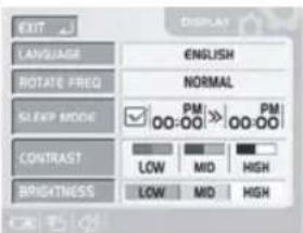 EXIT LANGUAGE ENGLISH ROTATE FREQ NORMAL SLEEP MODE PM 00:00 PM 00:00 CONTRAST LOW MID HIGH BRIGHTNESS LOW MID HIGH