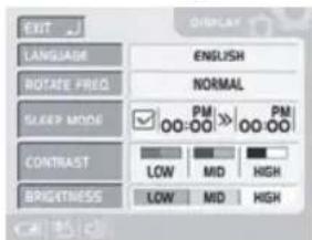 EXIT LANGUAGE ENGLISH ROTATE FREQ NORMAL SLEEP MODE PM PM CONTRAST LOW MID HIGH BRIGHTNESS LOW MID HIGH