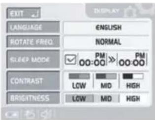 EXIT LANGUAGE ROTATE FREQ. SLEEP MODE CONTRAST BRIGHTNESS ENGLISH NORMAL PM 00:00 >> 00:00 LOW MD HIGH LOW MD HIGH