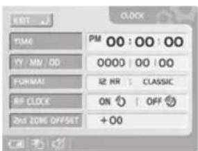TIME PM 00 : 00 : 00 YY / MN / 00 0000 : 00 : 00 FORMAT 12 HR : CLASSIC RF CLOCK ON OFF 2nd ZONE OFFSET + 00