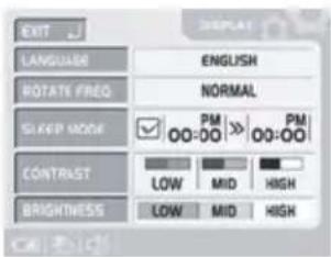 EXIT LANGUAGE ENGLISH ROTATE FREQ NORMAL SLEEP MODE PM 00:00 >> PM 00:00 CONTRAST LOW MID HIGH BRIGHTNESS LOW MID HIGH