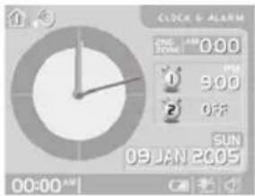 CLOCK 6 - ALARM 00:00 AM 00:00 1 3:00 2 OFF SUN 09 JAN 2005 00:00 AM