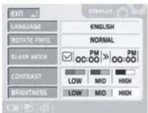 EXIT LANGUAGE ROTATE PRIQ SLEEP MODE CONTRAST BRIGHTNESS ENGLISH NORMAL PM 00:00 PM 00:00 LOW MID HIGH LOW MID HIGH