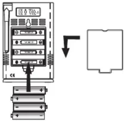 Diagram showing a device panel with battery stack and directional arrow indicating process, alongside a blank schematic.