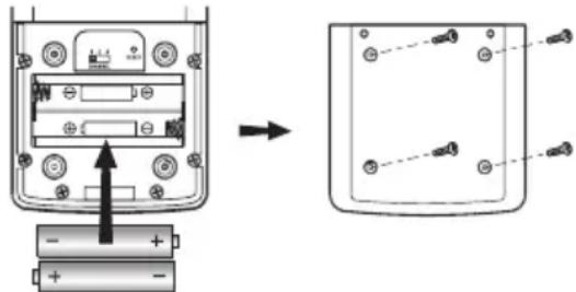 Diagram showing battery mounting process with labeled components and directional arrow indicating assembly