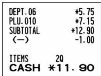 DEPT. 06 *5.75 PLU. 010 *7.15 SUBTOTAL *12.90 (—) -1.00 ITEMS 2Q CASH *11.90