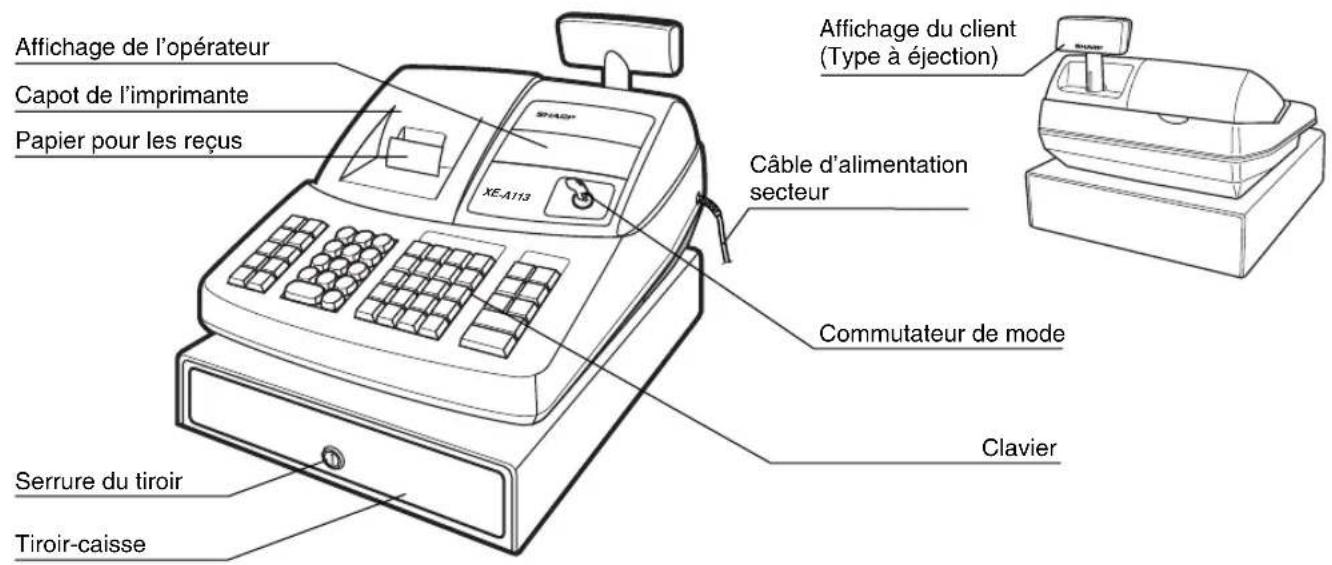 Affichage de l'opérateur Capot de l'imprimante Papier pour les reçus XE-A113 Câble d'alimentation secteur Affichage du client (Type à éjection) Commutateur de mode Clavier Serrure du tiroir Tiroir-caisse