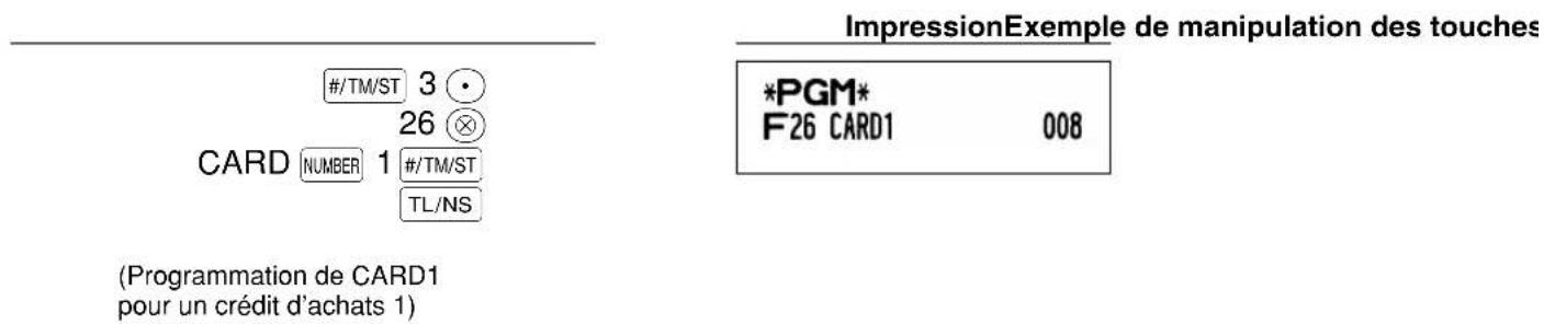 ImpressionExemple de manipulation des touches #/TM/ST 3 • 26 × CARD NUMBER 1 #/TM/ST TL/NS (Programmation de CARD1 pour un crédit d'achats 1) *PGM* F26 CARD1 008