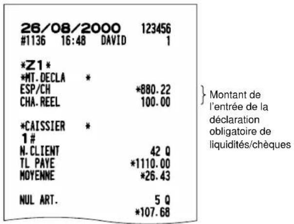 SHARP ERA220 - TMST : Lorsque l'on introduit le montant des liquidités et/ou des chèques dans le tiroir-caisse. - 1
