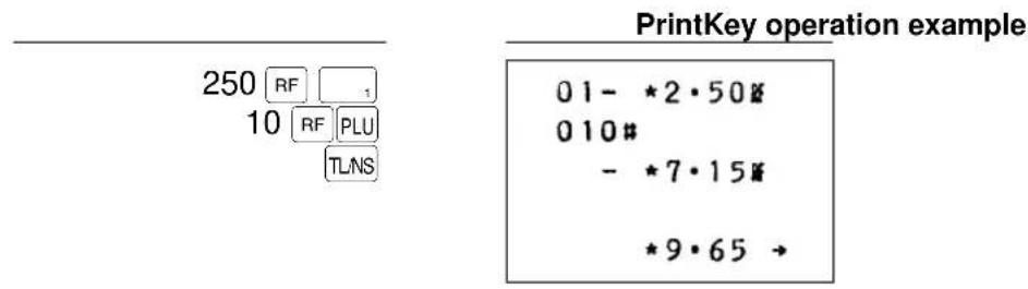 PrintKey operation example 250 RF 1 10 RF PLU TLNS 01 - *2·50# 010# - *7·15# *9·65 →