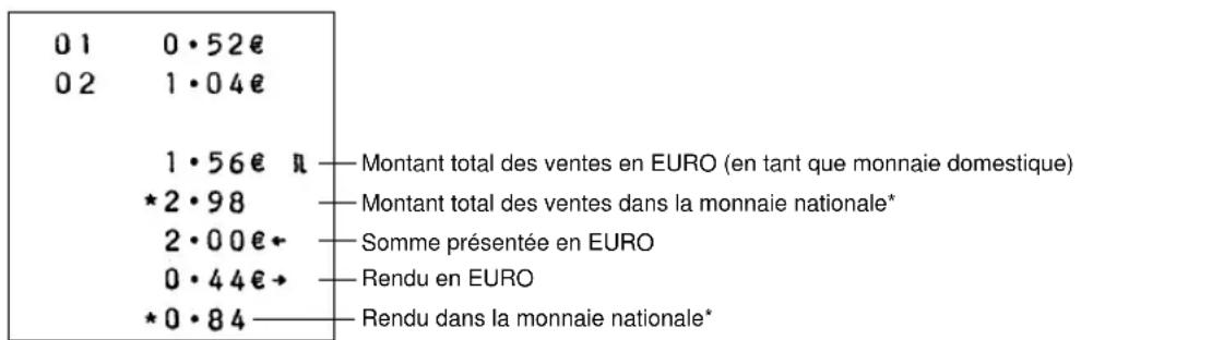 01 0·52€ 02 1·04€ 1·56€ ₽ — Montant total des ventes en EURO (en tant que monnaie domestique) *2·98 — Montant total des ventes dans la monnaie nationale* 2·00€← — Somme présentée en EURO 0·44€→ — Rendu en EURO *0·84 — — Rendu dans la monnaie nationale*