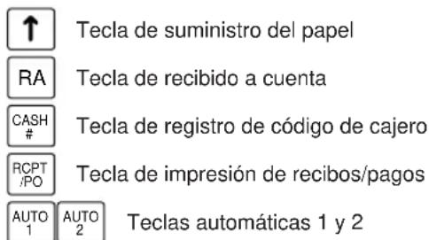 ↑ Tecla de suministro del papel RA Tecla de recibido a cuenta CASH # Tecla de registro de código de cajero RCPT /PO Tecla de impresión de recibos/pagos AUTO 1 AUTO 2 Teclas automáticas 1 y 2