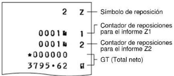 2 Z Símbolo de reposición 0001 1 Contador de reposiciones para el informe Z1 0001 2 Contador de reposiciones para el informe Z2 *000000 GT (Total neto) 3795·62