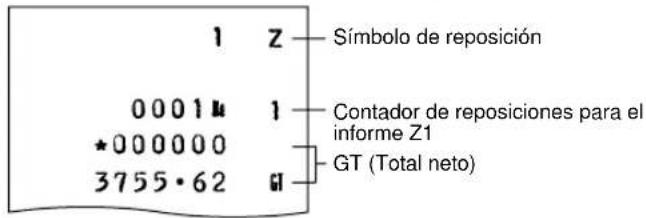 1 Z Símbolo de reposición 00014 1 Contador de reposiciones para el informe Z1 *000000 GT (Total neto) 3755·62