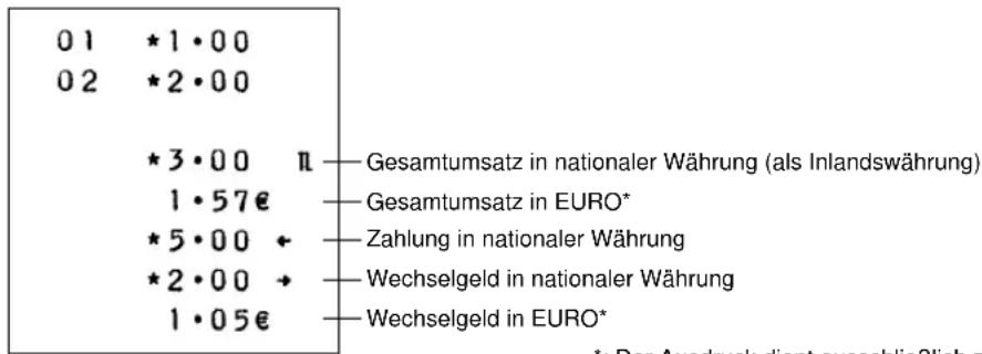 01 *1·00 02 *2·00 *3·00 π — Gesamtumsatz in nationaler Währung (als Inlandswährung) 1·57€ — Gesamtumsatz in EURO* *5·00 ← — Zahlung in nationaler Währung *2·00 → — Wechselgeld in nationaler Währung 1·05€ — Wechselgeld in EURO*
