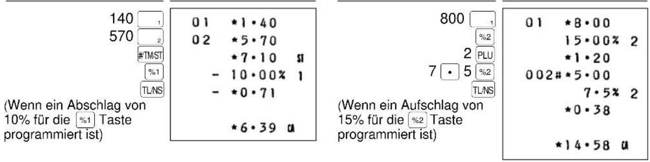 140 570 #TMST % TLNS (Wenn ein Abschlag von 10% für die %1 Taste programmiert ist) 01 *1·40 02 *5·70 *7·10 SI - 10·00% 1 - *0·71 *6·39 a 800 % 2 PLU 7 · 5 %2 TLNS (Wenn ein Aufschlag von 15% für die %2 Taste programmiert ist) 01 *8·00 15·00% 2 *1·20 002#*5·00 7·5% 2 *0·38 *14·58 a