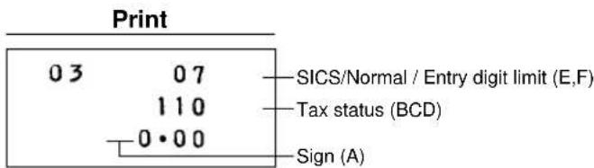 Print 0 3 0 7 1 1 0 0 • 0 0 SICS/Normal / Entry digit limit (E,F) Tax status (BCD) Sign (A)