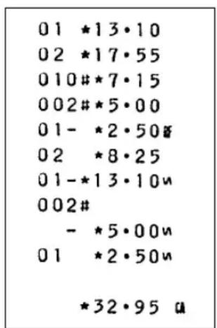 01 *13·10 02 *17·55 010#*7·15 002#*5·00 01- *2·50# 02 *8·25 01-*13·10u 002# - *5·00u 01 *2·50u *32·95 u