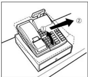 Diagram of a vintage telephone with labeled parts and directional arrows indicating movement or positioning.