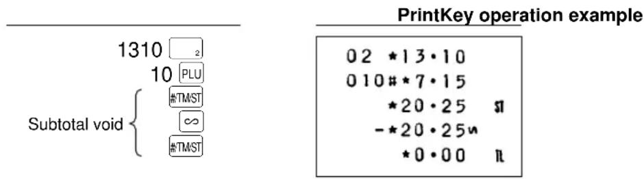 Subtotal void 1310 2 10 PLU #TM*ST ∞ #TM*ST PrintKey operation example 02 *13·10 010#*7·15 *20·25 # -*20·25# *0·00 # PrintKey