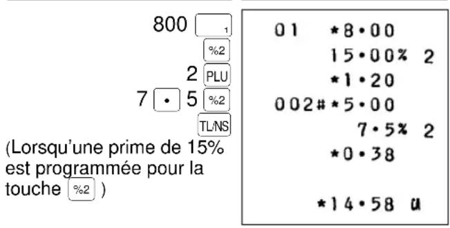 800 1 %2 2 PLU 7 • 5 %2 TL/NS (Lorsqu'une prime de 15% est programmée pour la touche %2 ) 01 *8•00 15•00% 2 *1•20 002#*5•00 7•5% 2 *0•38 *14•58 u