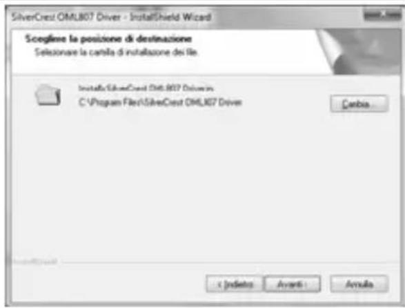 SilverCrest OML807 Driver - InstallShield Wizard Scogline la posizione di destinazione Selezionare la cartilla di installazione dei file. Install&SilverCrest OML807 Deliverio C:\Program Files\SilverCrest OML807 Driver Carbia... < Indietro > Avanti > Avralla