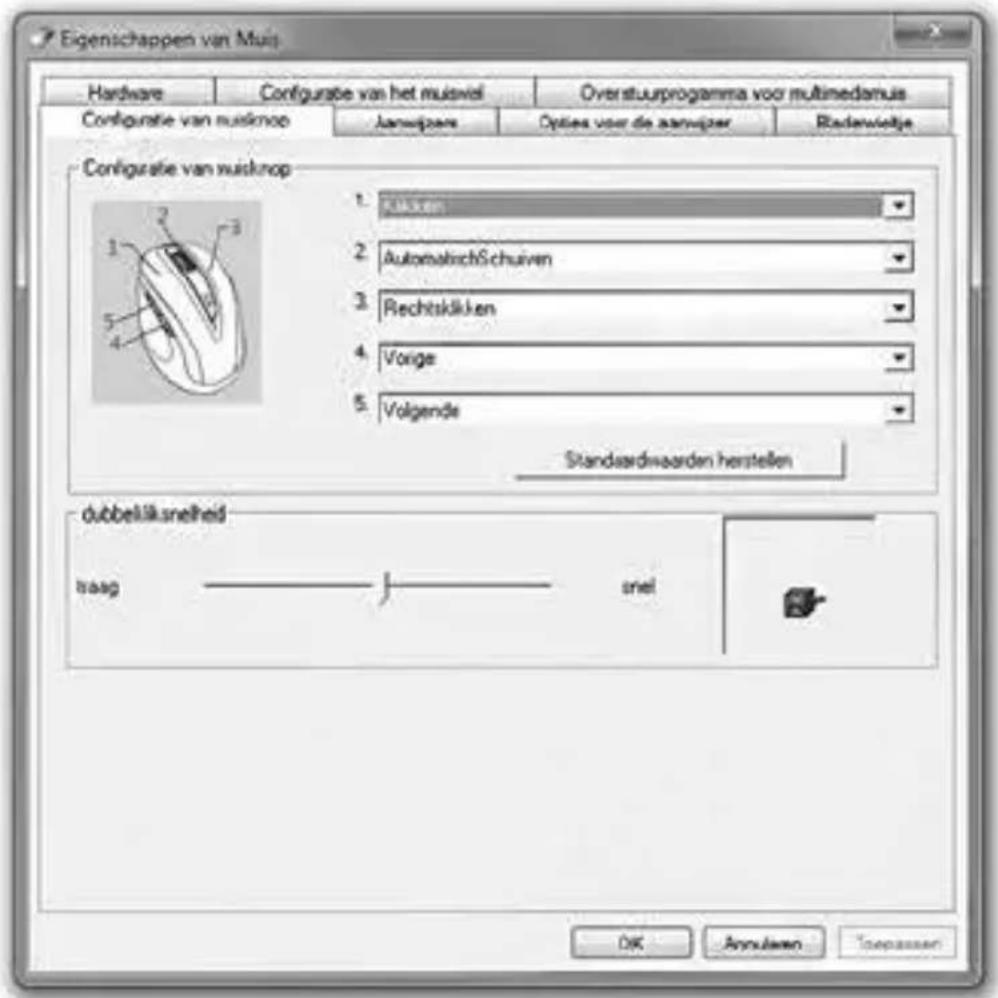 Eigenschappen van Muis Hardware Configuratie van het muiswel Overstuurprogramma voor multimedemus Configuratie van muismop Janswijzen Options voor de aanwijzer Rudewelige Configuratie van muisknop 1. Muismop 2. AutomatischSchuiven 3. Rechtskijken 4. Vorige 5. Volgende Standardswaarden herstellen dubbelskneheid traag snel OK Annularen Tepassen