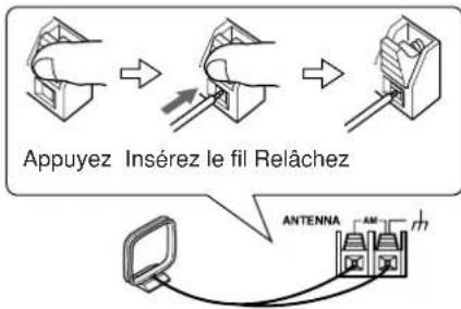 ONKYO TX603E - Insérez les deux fils de l'antenne-cadre AM dans les bornes à pouvoir pour antennne AM. - 1