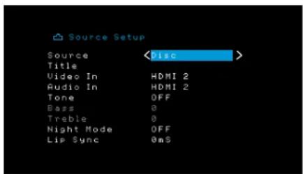 Source Setup Source Disc> Title Video In HDMI 2 Audio In HDMI 2 Tone OFF Bass 0 Treble 0 Night Mode OFF Lip Sync 0ms
