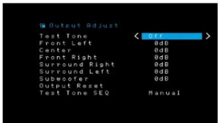 % Output Adjust Test Tone < Off > Front Left 0dB Center 0dB Front Right 0dB Surround Right 0dB Surround Left 0dB Subwoofer 0dB Output Reset Test Tone SEQ Manual