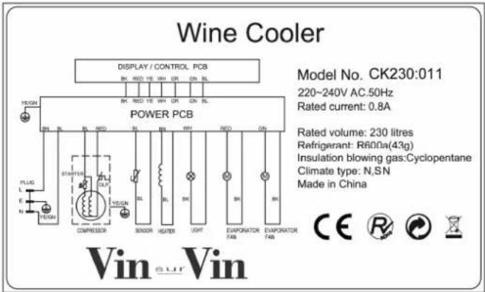 Wine Cooler DISPLAY / CONTROL PCB BY RED YE WH OR ON SL YECON BEI BL BL RED BI BL BI BI BI REO ON POWER PCB PLUG E N YECON STARTER COMPRESSOR SENIOR HEATER LIGHT EVAPORATOR FAN EVAPORATOR FAN Model No. CK230:011 220~240V AC.50Hz Rated current: 0.8A Rated volume: 230 litres Refrigerant: R600a(43g) Insulation blowing gas:Cyclopentane Climate type: N.SN Made in China CE R C E Vin Sur Vin