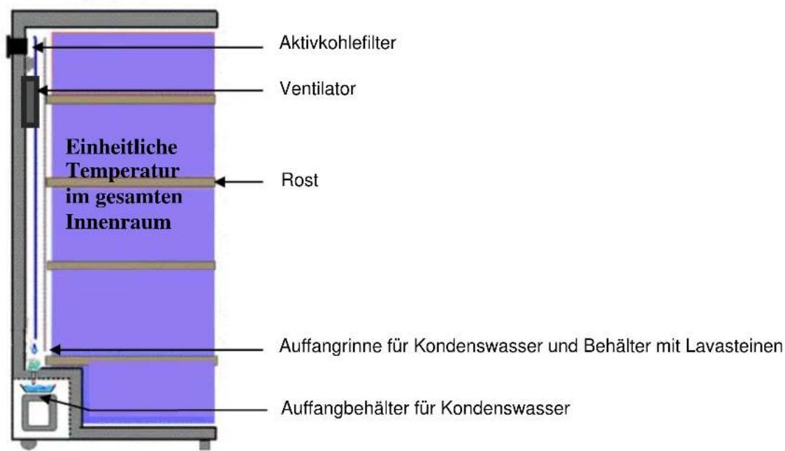 Aktivkohlefilter Ventilator Einheitliche Temperatur im gesamten Innenraum Rost Auffangrinne für Kondenswasser und Behälter mit Lavasteinen Auffangbehälter für Kondenswasser