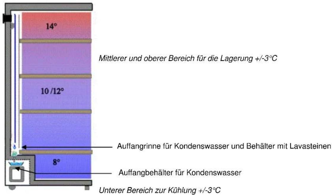 14° Mittlerer und oberer Bereich für die Lagerung +/-3°C 10/12° Auffangrinne für Kondenswasser und Behälter mit Lavasteinen 8° Auffangbehälter für Kondenswasser Unterer Bereich zur Kühlung +/-3°C
