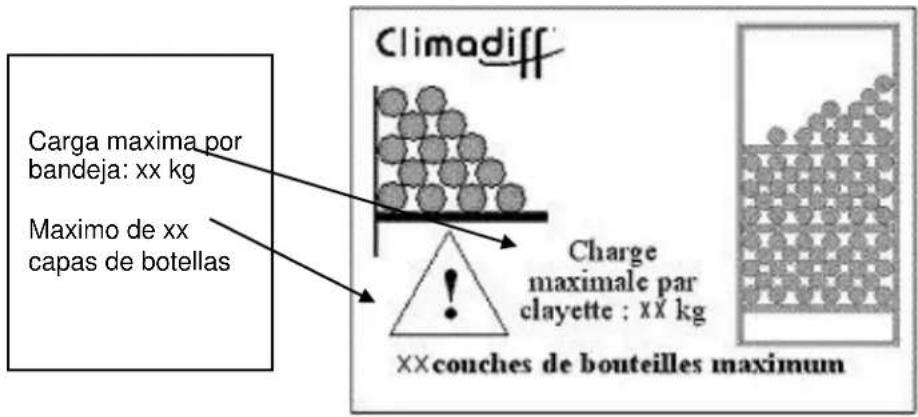 Carga maxima por bandeja: xx kg Maximo de xx capas de botellas Climadiff Charge maximale par clayette : xx kg xx couches de bouteilles maximum