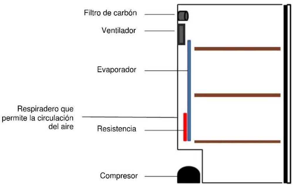 Filtro de carbón Ventilador Evaporador Respiradero que permite la circulación del aire Resistencia Compresor