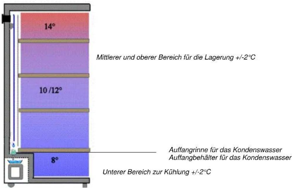 14° Mittlerer und oberer Bereich für die Lagerung +/-2°C 10/12° 8° Auffangrinne für das Kondenswasser Auffangbehälter für das Kondenswasser Unterer Bereich zur Kühlung +/-2°C