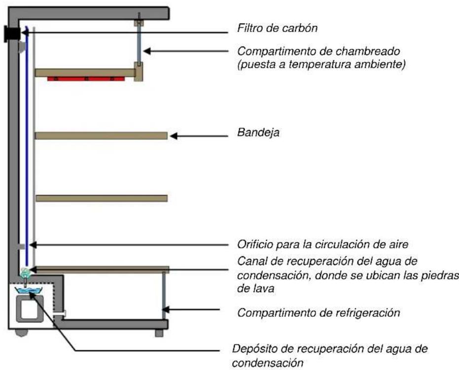 Filtro de carbón Compartimento de chambreado (puesta a temperatura ambiente) Bandeja Orificio para la circulación de aire Canal de recuperación del agua de condensación, donde se ubican las piedras de lava Compartimento de refrigeración Depósito de recuperación del agua de condensación