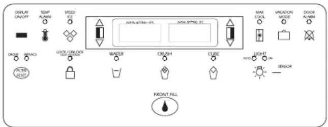 DISPLAY ON/OFF TEMP ALARM SPEED FD ORDER BRACE LOCK/LOCK WATER CRAVISH CUBE MAX COOL AVOCION ARXIDE DOOR ALARM FILTER INSERT FRONT FILL MAIN SETTING-SET MAIN SETTING-CT LIGHT ON SENSOR