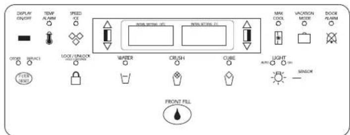 DISPLAY ON/OFF TEMP ALARM SPEED ICE ORDER SPRACE LOCK/UNLOCK MOZZLE SWITCH WATER ORUSH CUBE MAX COOL VACCRIN MODE DOCK ALARM LIGHT AIR ON SENSOR FRONT FILL