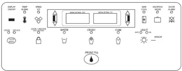 DISPLAY CAN/OFF TEMP ALARM SPEED ICE MAX SETTING - 10K MAX SETTING - FC ORDER SPACES LOCK / UNLOCK HEAD SWITCH WATER CRUSH CLUBE MAX COOL VACTION MODE DOOR ALARM LEFT RESET LIGHT AUTO SENSOR FRONT FILL