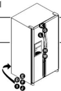 Diagram of an refrigerator with labeled parts and directional arrows indicating rotation or movement