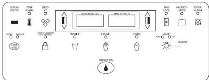 DISPLAY ON/OFF TEMP ALARM SPEED ICE MOVE SWITCH SET MOVE SWITCH SET MAX COOL VACCRIN MODE DOOR ALARM ORDER SMRACE LOCK/UNLOCK AUTO SWITCH WATER CRUSH CUBE LIGHT AIR ON SENSOR FRONT FILL